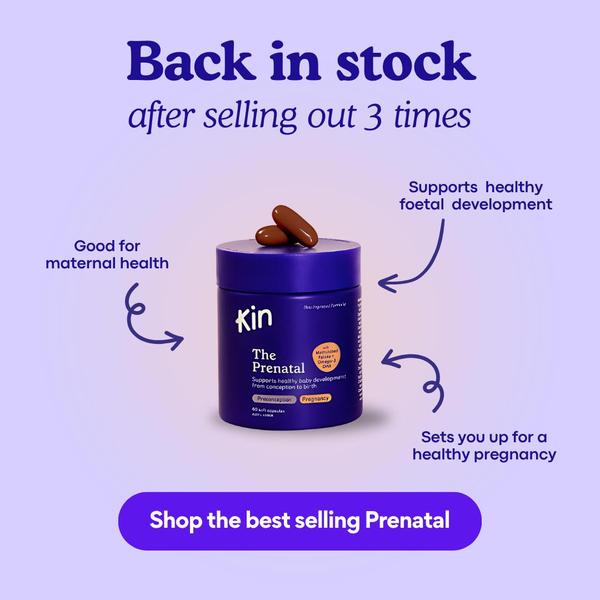 A square ad creative featuring a product center-stage with call-outs for maternal health, foetal development, and pregnancy support.